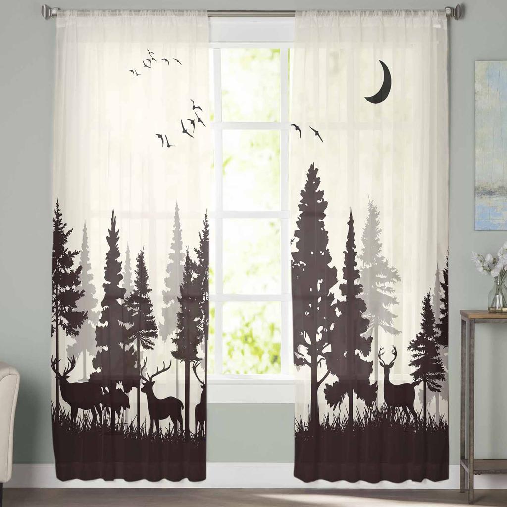 Wald Silhouette Hirsch Tier Mond Fenster Tüll Vorhänge für Wohnzimmer Schlafzimmer Hotel Luxus Dekoration Gardinen