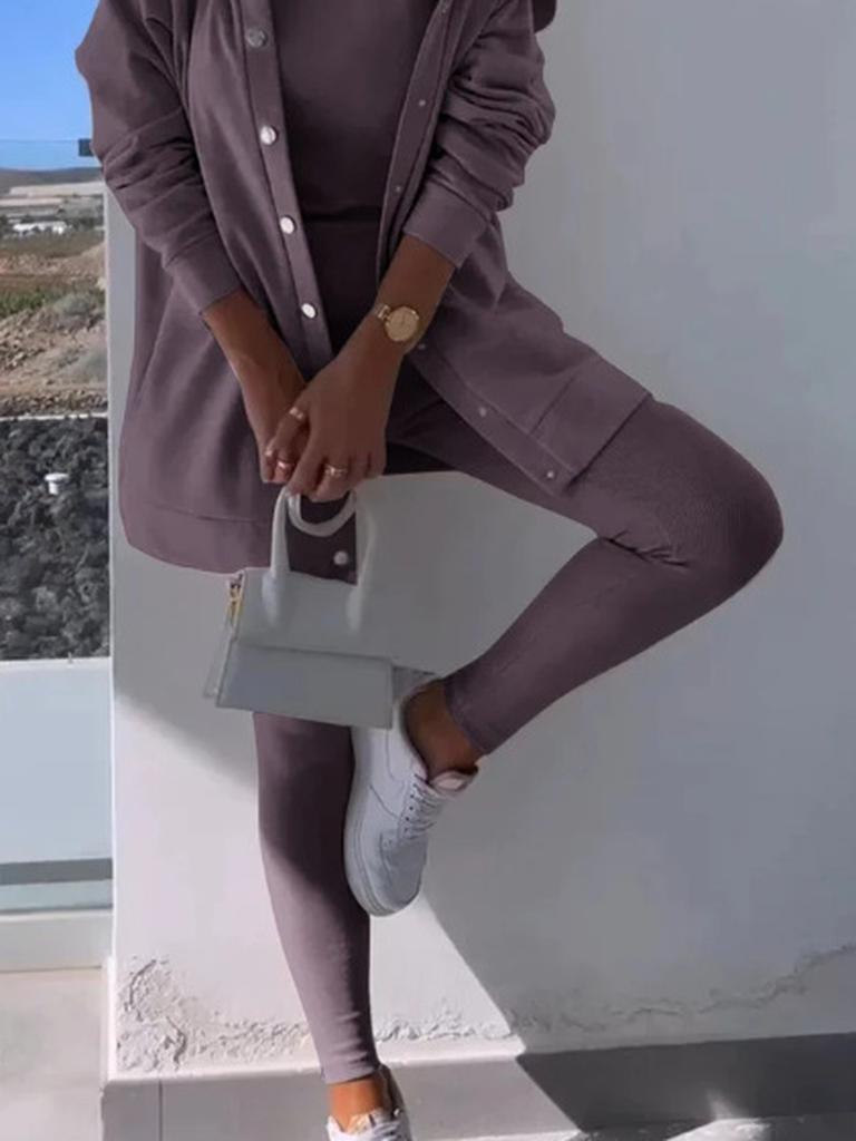 Spring New Women's Casual Hooded Sweatshirt & Slim Fit Ribbed Pants Set - 3 Pieces