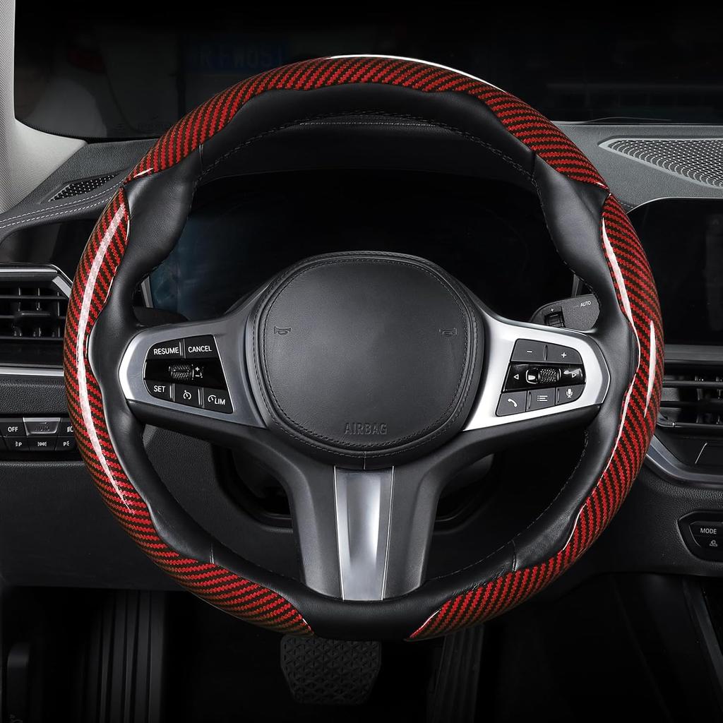 Carbon Fiber Steering Wheel Cover, Snap On Car Steering Wheel Cover Set Accessories 3Pcs Wrap Grip Non Slip Protector Universal Glossy Red