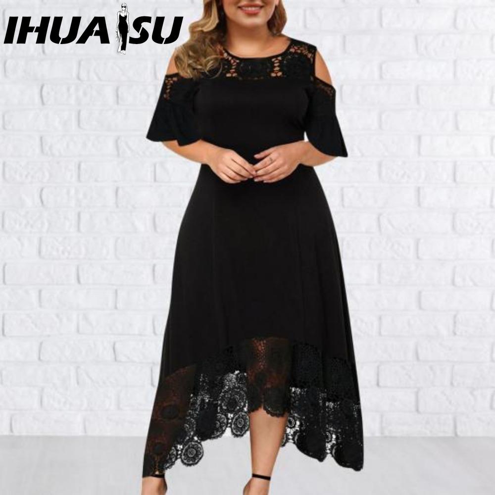 IHUASU Embroidery Lace Patchwork Plus Size Women Dress Flared Short Sleeve Cold Shoulder High Waist