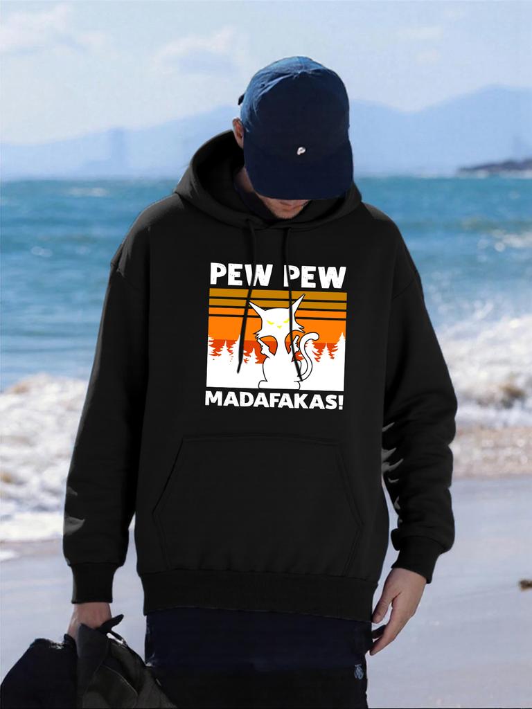 Pew Pew Madafakas Cats Printing Hoodies Mens Casual All-Match Clothing Man Oversized Pocket Hoody Autumn Fleece Streetwear