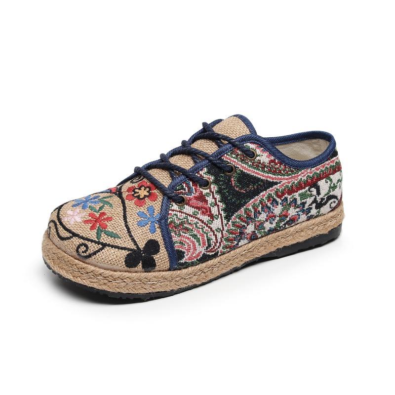 Fashion Women Shoes  Round Head Cotton Linen Canvas Single National Woven Round Toe Lace Up Cloth Shoes Woman Flats Size 35-40