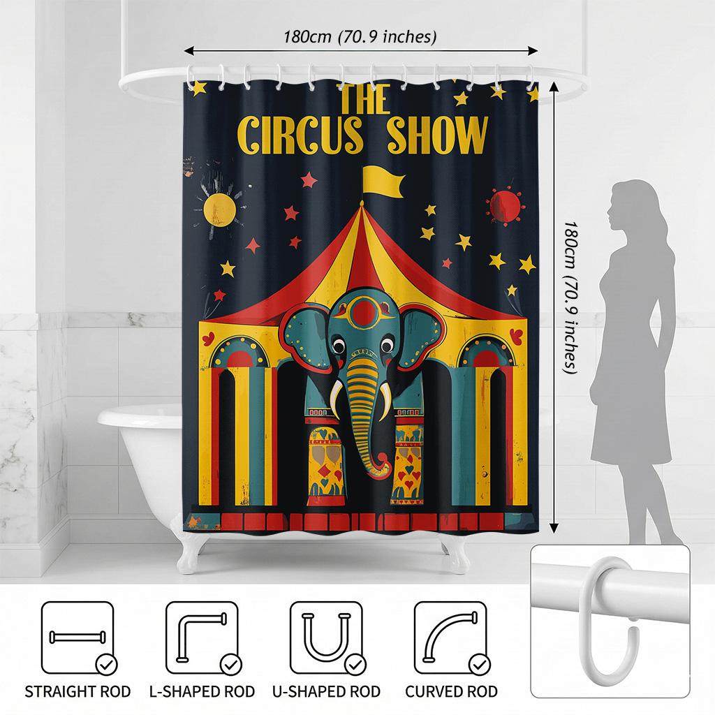 Vintage Circus Show Elephant Shower Curtain, Retro Carnival Tent Stars Bathroom Decor, Colorful Whimsical Fabric Bath Curtain