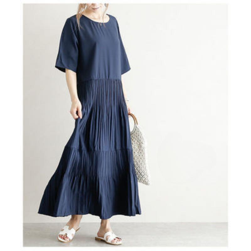 Summer Solid-color Round Neck Pleated Short Sleeved Dress