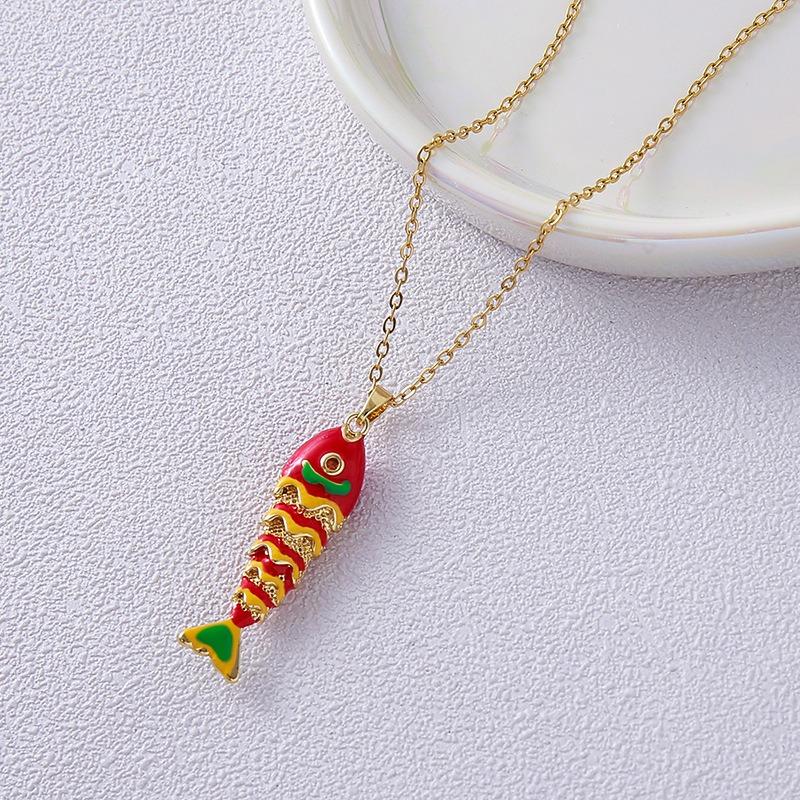 Bunter Emaillierter Beweglicher Fisch Anhänger Halskette Goldkette Süßer Meeresstil Schmuck für Damen Sommer Strand Täglich Geschenk