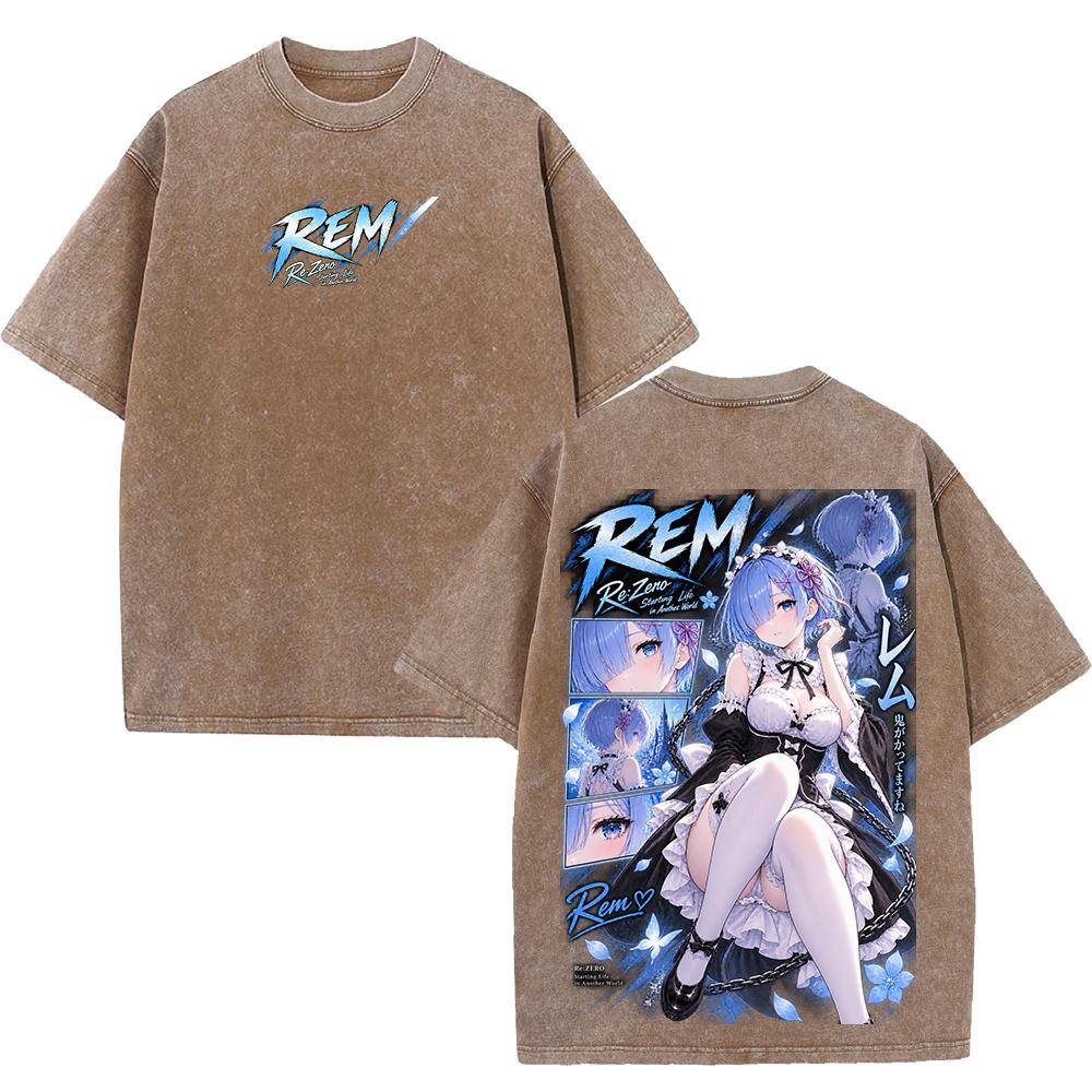 Rem Re:Zero Anime Retro T Shirt Fashion Manga Vintage Washed Streetwear Harajuku Oversized 100% Cotton T-shirt Men Women Tee Top