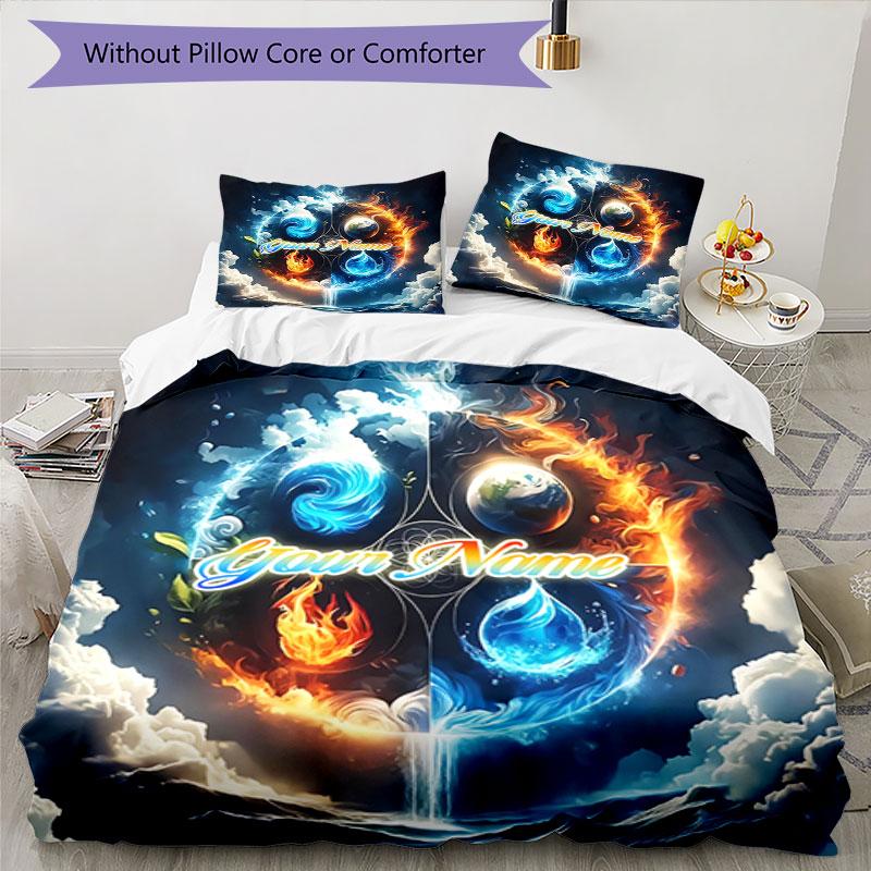 3PC Custom Name Flame Water Harmony Bedding Set Duvet Cover Closure Includes 1 Duvet Cover & 2 Pillowcases for Bedroom