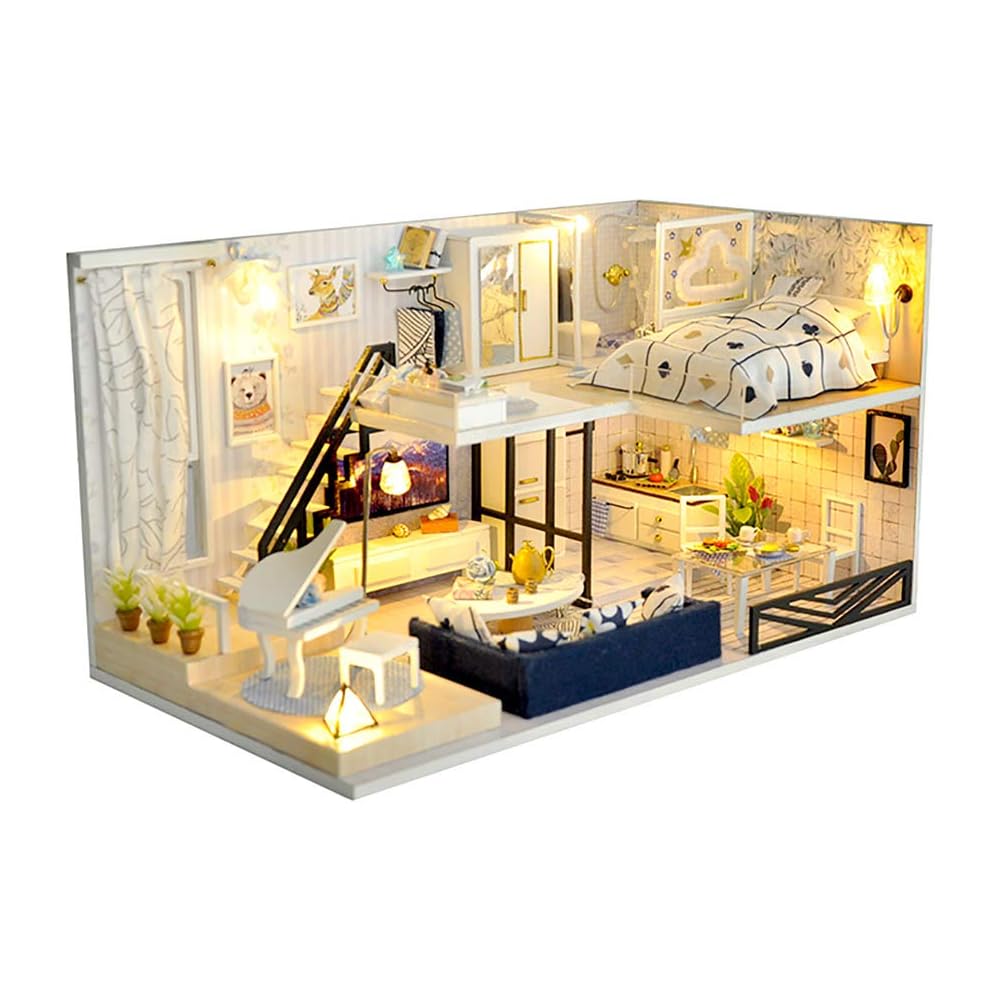 

Moin Moin Dollhouse Miniature Handmade Kit Modern Two-Story Model Room with LED Light and Acrylic Case