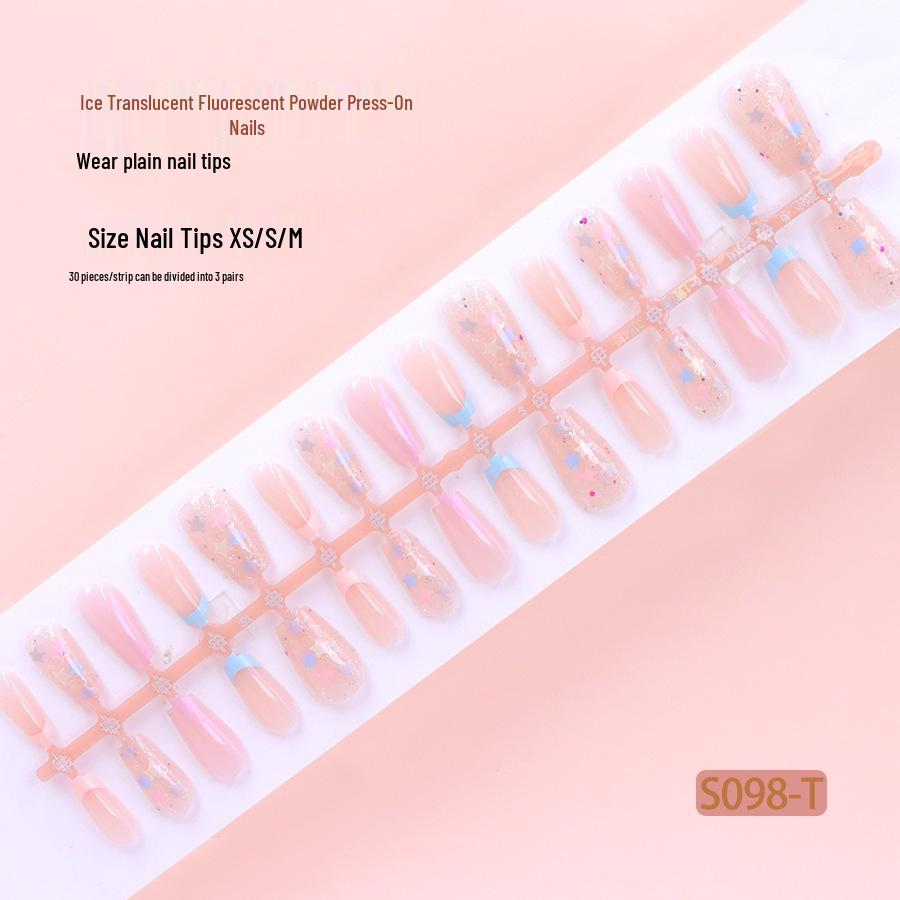 Дофаминовый Алмазный Звездный Французский Милый Девичий 30 Штук Носимых Ногтей