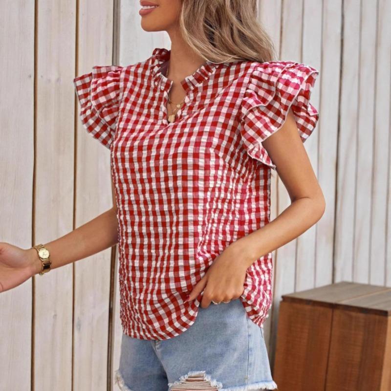 Blouse à imprimé carreaux d'été à volants double épaisseur pour femme, chemise douce et mignonne à col en V, hauts à manches courtes à carreaux pour femme, vêtements décontractés simples et amples