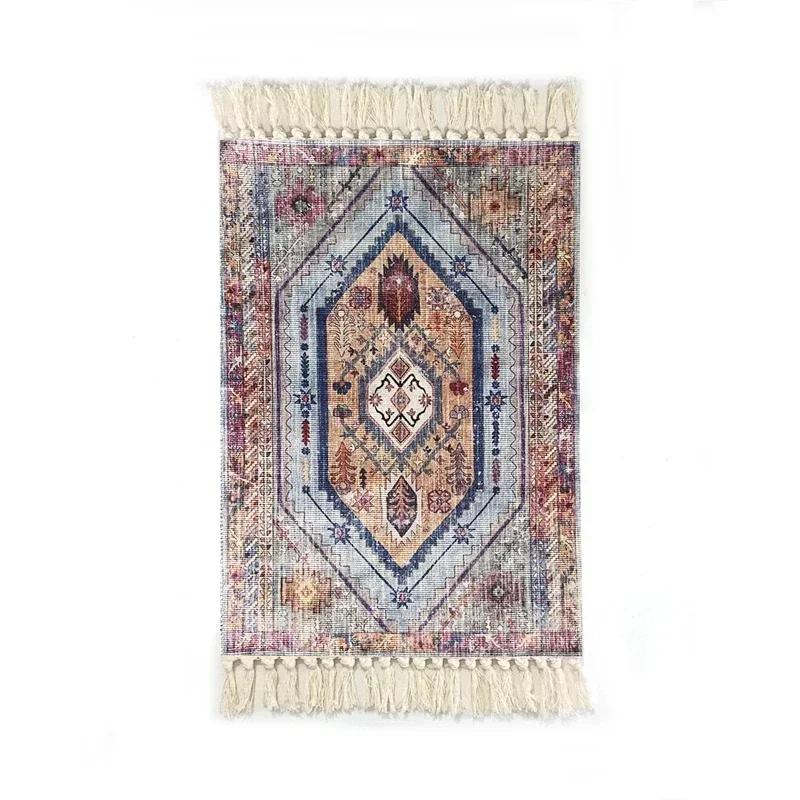 Persian Style Hand-Knotted Floor Mat With Tassels Retro Ethnic Geometric Printed Area Rugs Kitchen Bedroom Bath Non-Slip Carpet