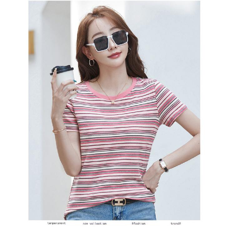 Women's Summer Casual Loose Shirt Solid Pattern Striped Short Sleeve Pullover with Round Neck Versatile Y2K Style Tops