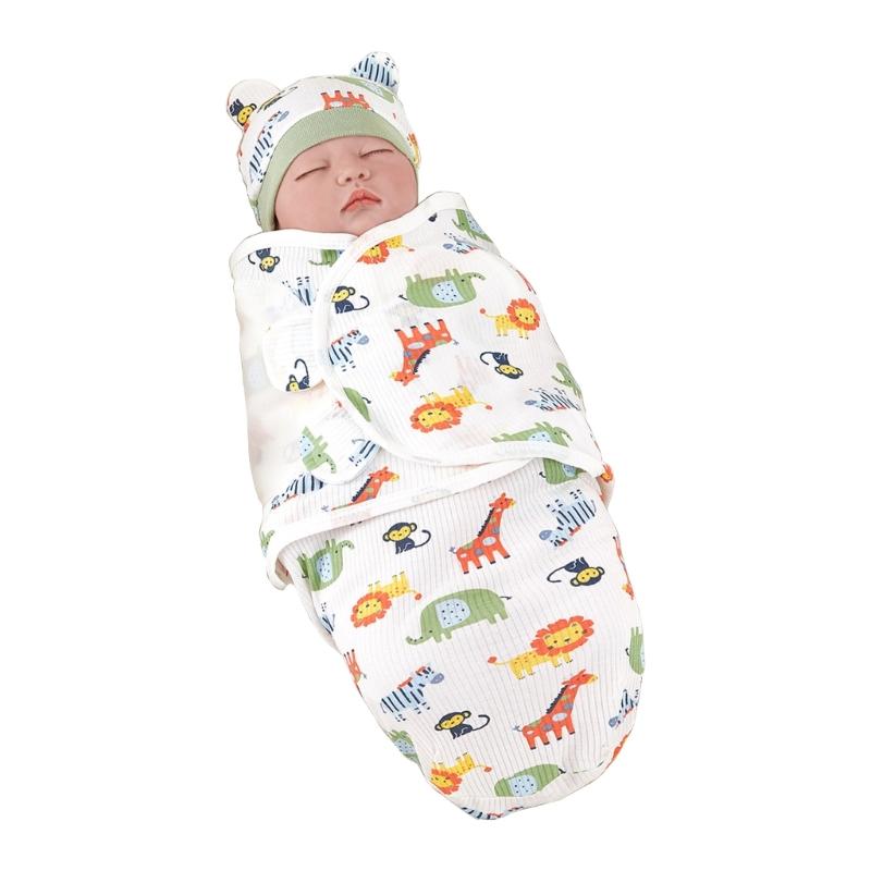 Anti-kick Cotton Baby Blanket Set with Matching Hat Soft Breathable Sleepsack 0-3 Months Newborns Wrap Towel & Bonnet