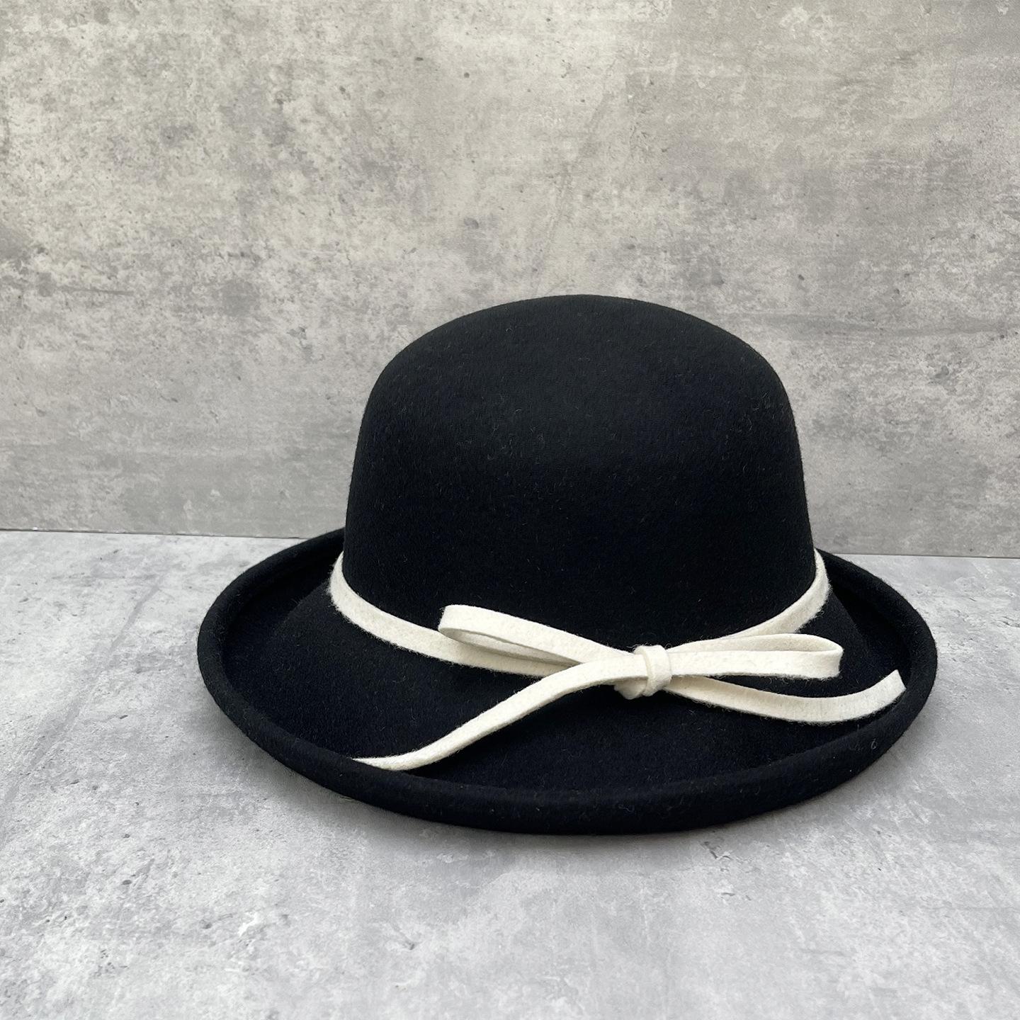 

Hepburn Elegant Bow Wool Top Hat Women S Retro Dome Roll Along Basin Hat French Socialite Bucket Hat M（56-58cm）
