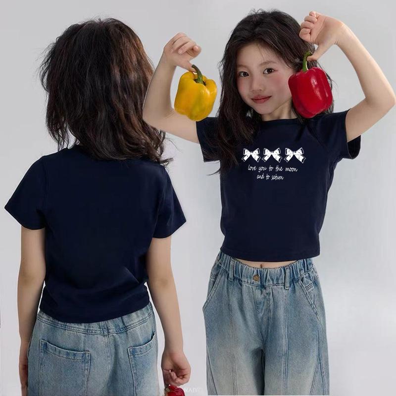Summer Girls Cotton Short Sleeve T Shirt Korean Bow Print Top 100