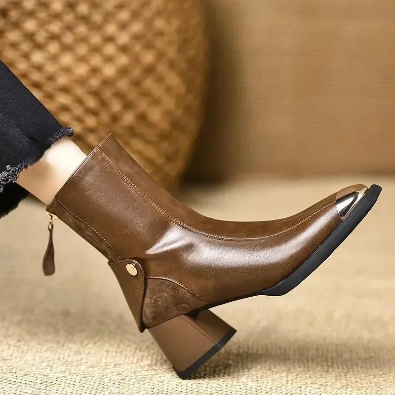 Fashion Women's Fashion Ankle Boots Metal Tip Toe Back Zipper Medium Block Heel Sexy Boots Short Barrel Rubber Sole Leisure Botas Mujer