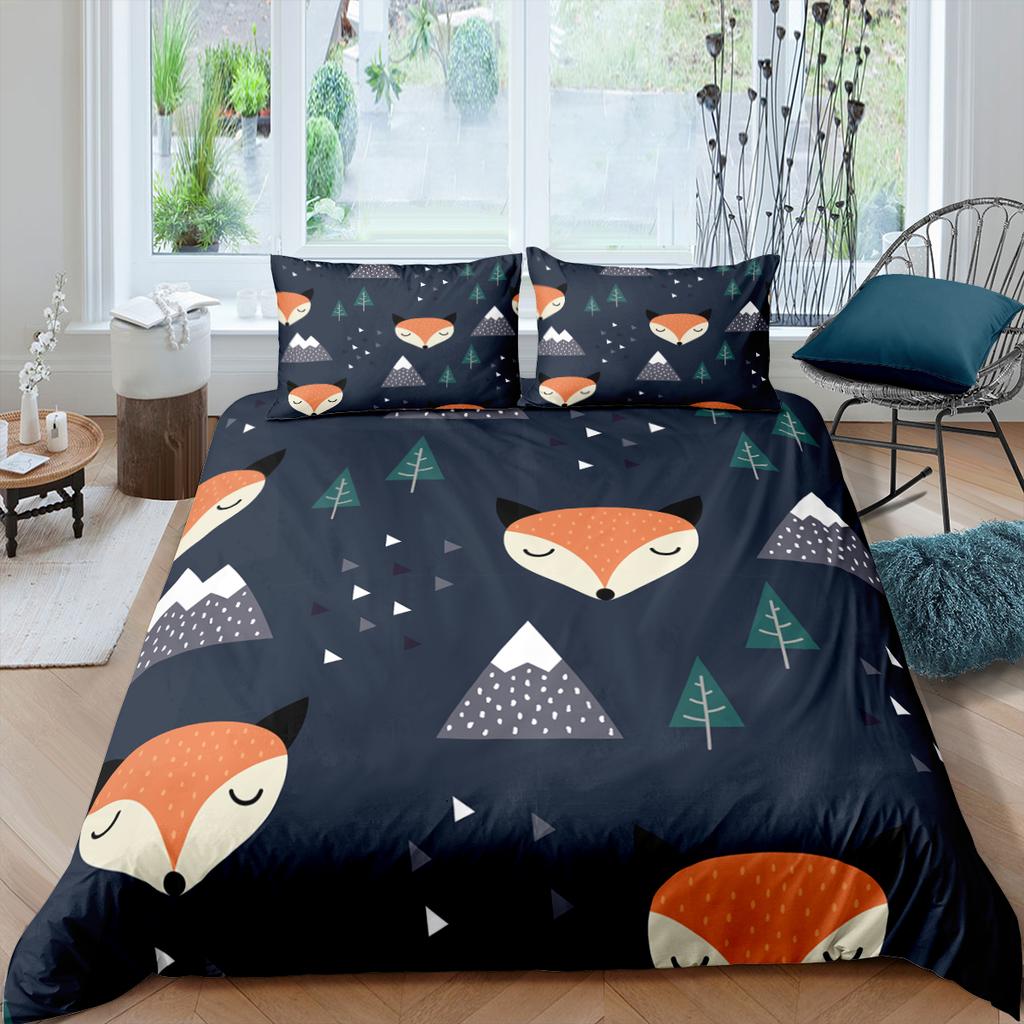 Comforter Cartoon Fox King Queen Lovely Orange Animal Floral Bedding Set Kids Girls Flowers Plant 2/3Pcs