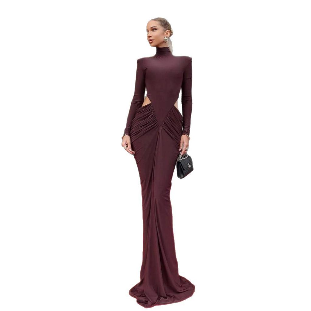2025 High Neck Satin Bodycon Evening Dress - Women's Hollow-Out Pleated Design