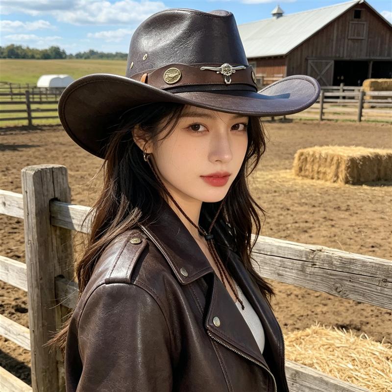 American Leather Western Cowboy Hat Bull Head Rivet Knight Hat Women's Outdoor Hat Men's Western Sichuan Grassland Xinjiang Photo