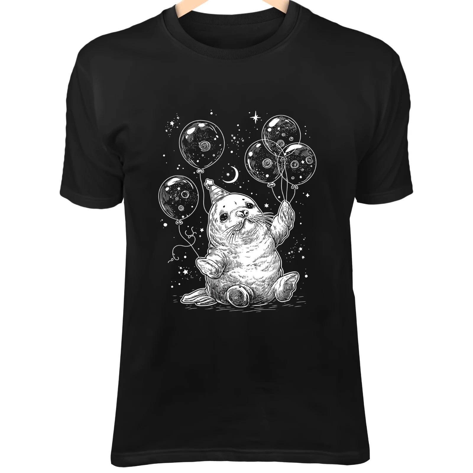 

New Year Seal Pup Line Art - Cute Minimalist Cartoon with Balloons & Festive Hat XL