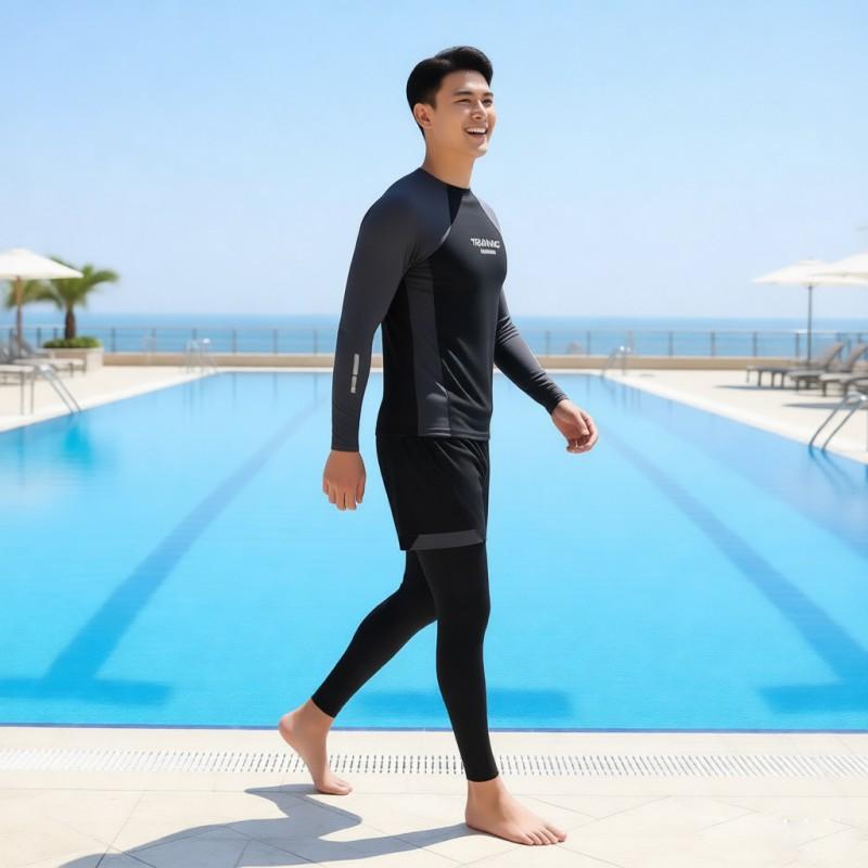 Men's Gray Long-sleeved Swimsuit Suit Set Boys Sunscreen Surfing Adult Anti-embarrassment Swimming Pants
