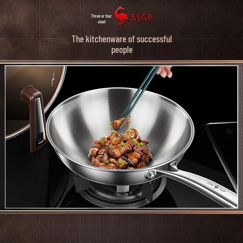 Food-Grade 304/316L Stainless Steel Induction Wok, Non-Stick, Round Bottom, No Coating