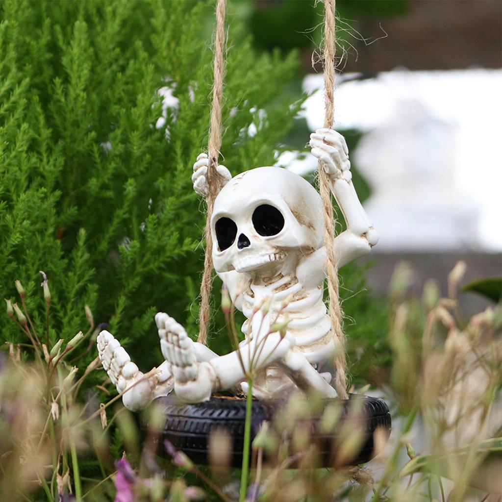 Skeleton Garden Statues Small Landscape Decoration Sculpture Hangable Garden Skeleton Tire Swing Sculpture For Halloween Indoor
