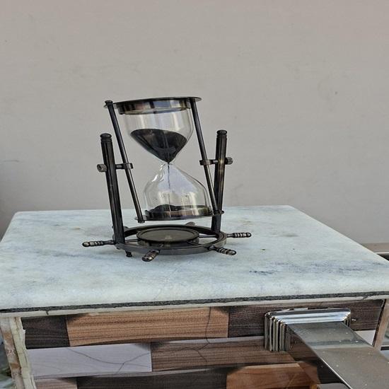 Brass Hourglass Sand Timer Hanging Nautical Timer with Compass Wheel Base