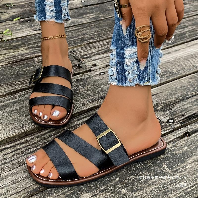 Pantofi cu cataramă de mărime mare, papuci plați cu o singură baretă, papuci de plajă casual cu vârf pătrat pentru femei