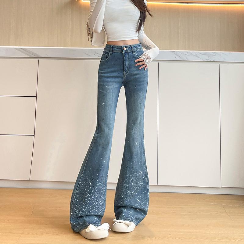 Shiny Rhinestone High-Waisted Micro-Flare Jeans – Women s Slim-Fit Stretchy Flare Pants for Spring/Autumn Medium