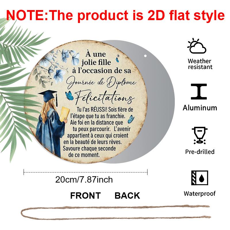 2D Flat - A Vintage Decorative Plaque Measuring 7.87X7.87 Inches, Featuring a Round French Aluminum Sign with a "Congratulations on Your Graduation