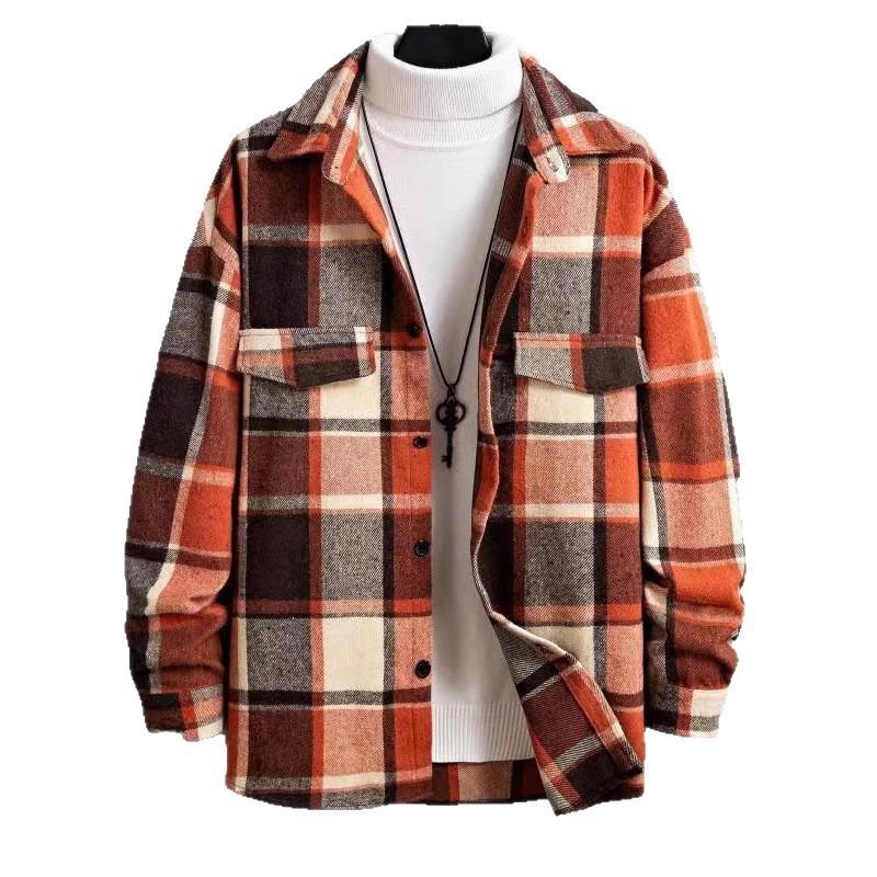Men's Lapel Checkered Shirt Retro Brushed Casual Long-sleeved Jacket