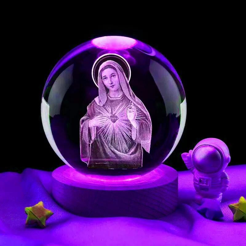 3D Virgin Mary Laser Engrave Crystal Ball Colorful Night Light ,Religious Gifts for Women's Birthdays, Maria Christmas Decoratio
