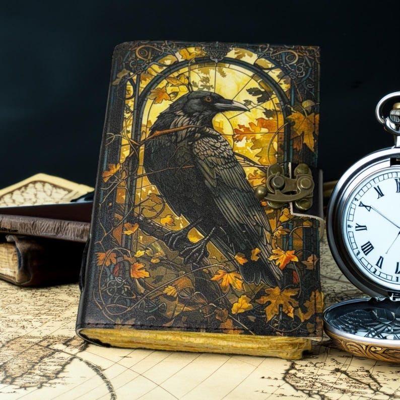 Gothic Raven Leather Journal – Handmade Grimoire Book of Shadows | Writing Notebook 7 x 5 inch