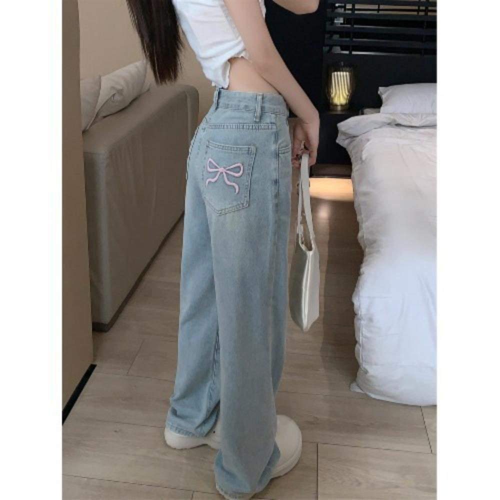 Jeans da Donna Vita Alta Gamba Larga Vestibilità Larga Lavaggio Chiaro Ricamo Fiocco Pantaloni in Denim Vintage Casual Lunghi per Primavera Autunno