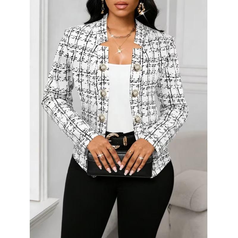 Women S Fitted Plaid Long Sleeve Button Blazer
