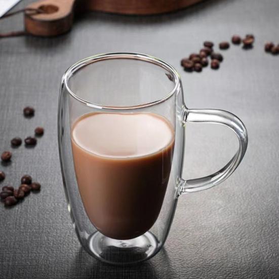 Double Wall Glass Tumbler with Handle Heat-Resistant Insulated Glass Mugs for Coffee Tea Milk 12oz Transparent Drink Cup for Home Office Use