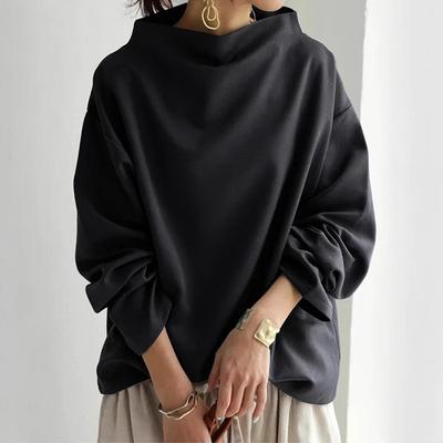 Lente Dames Top Lose Col Zwart T-shirt Lange Mouw Wit High Street Trend Effen Kleur Herfst T-shirts voor Vrouwen