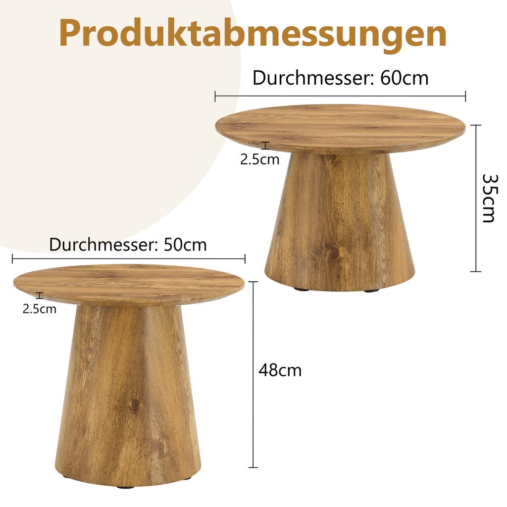 Coffee Table Set in Natural Wood Look (MDF) - 2 Round Stool Side Tables, High 50x48 cm + Low 60x35 cm, Suitable for Living Room / Lounge Area.