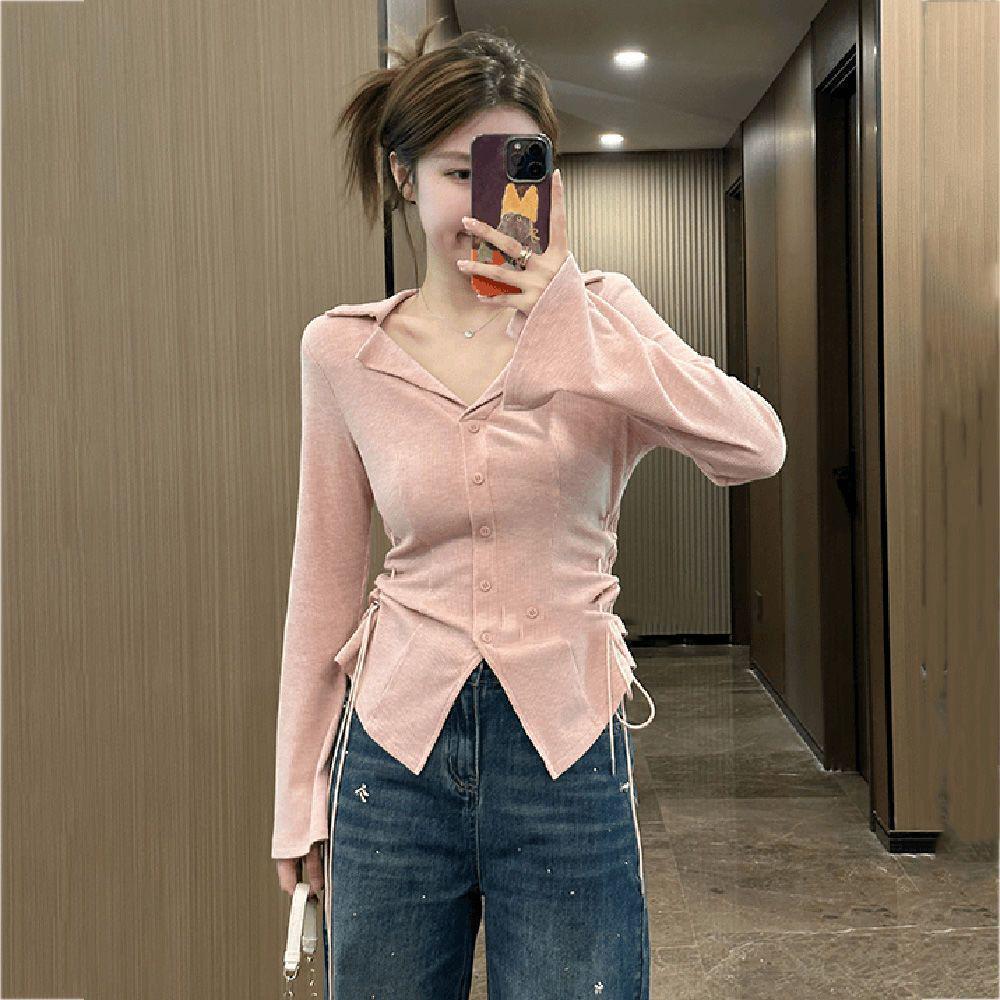 Plus Size Velvet Lapel Ribbed Knit Top - Women s Autumn/Winter Waist Cinched Slimming Design S