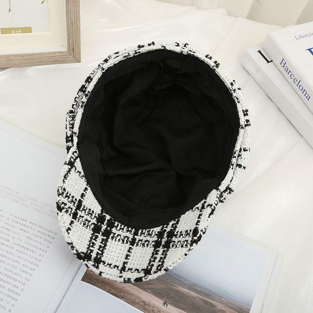 Keep Warm Artist Hat Korean Style Autumn Women Visors Cap Painter Hat Plaid Beret Octagonal Cap