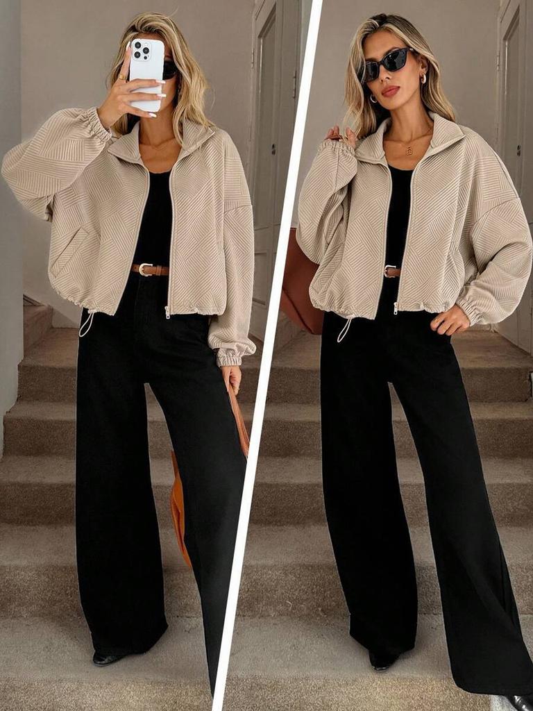 Fall Winter High Neck Zipper Drawstring Pocket Women Loose Baseball Jacket Coat