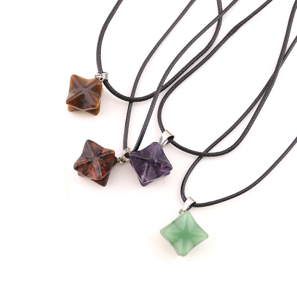 Natural Stone Crystal Agate, Large 24Mm Kabar Star Amethyst Pendant, Geometric Hexagram Necklace N757.