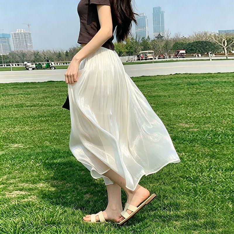 Streamer mesh skirt women's spring, autumn and summer high waist drape temperament versatile and thin a word pleated skirt