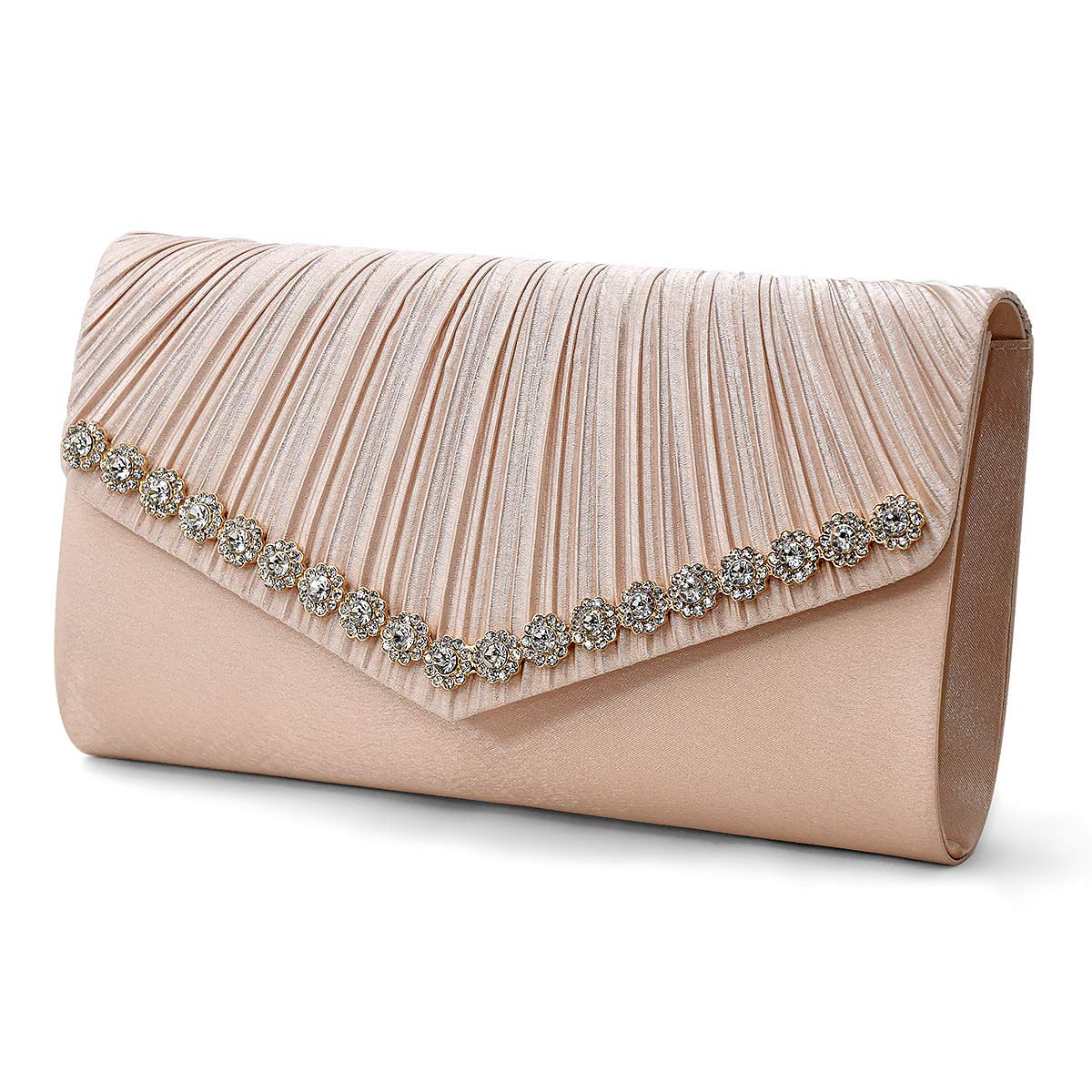 

Plex Party Bag, Flower Motif, Stone, 3-Way Pleated Design, Clutch, Women s, Champagne Gold