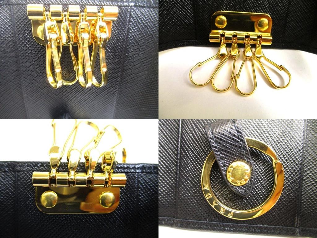 Authentic PRADA Black Saffiano Metal Leather 4 Pics Key Chain #a810  Refurbished