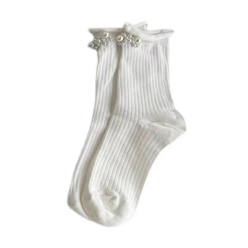 Pearls Crew Socks Sweet Roll Cuffs Ankle Dress Socks Japanese Cute Calf Socks