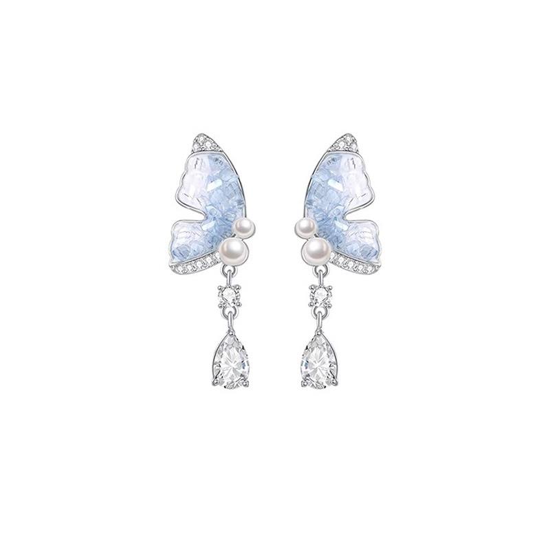 Blue ice crystal butterfly earrings for women's explosion without earrings, earclips, high-end earrings, light luxury temperament earrings