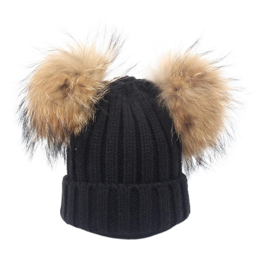 Winter Kinder Strickmütze Doppeltes Bommel Mütze Weich Dehnbar Warm Gerippte Strickmütze für Kinder Kleinkind Säugling Jungen Mädchen