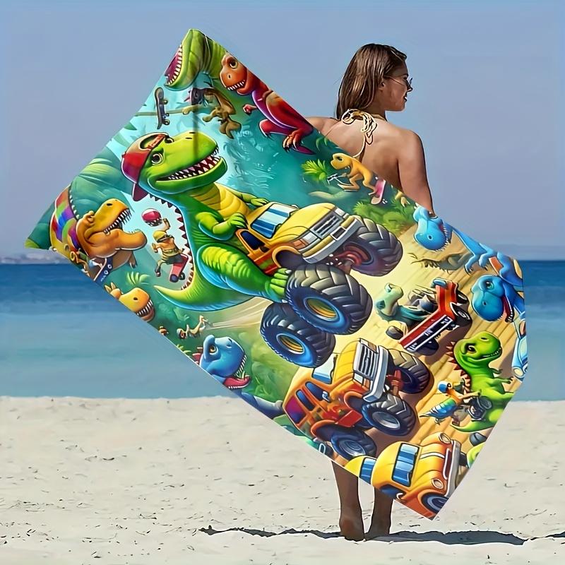 A Delightful Microfiber Beach Towel Featuring Playful Dinosaurs And Cool Cars! Bursting with Vibrant Colors And Lively Scenes
